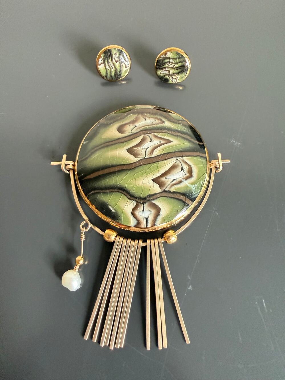 Vintage Artisan Ceramic Brooch Earrings Set Modernist Mid Century Fringe Demi